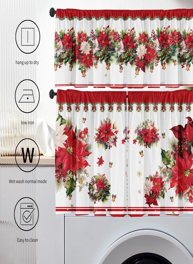 SUNWISHA Christmas Poinsettia Curtain Valances Set - Upper & Lower Curtains, 52'' L x 18'' W & 36'' L x 26'' W, Kitchen Windows Decor, 3 Piece Set, Red - Image 4